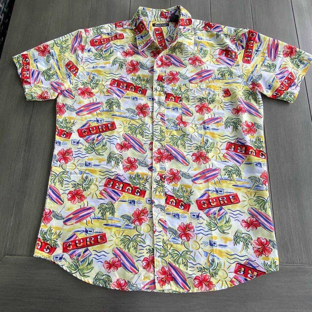 Montage Hawaiian Shirt Large Yellow Tropical Surf Palm Hibiscus Print Polyester